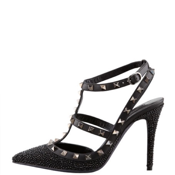 🧨NEW🧨 Valentino Noir Rockstud Caviar Crystal Sandal - Picture 5 of 7
